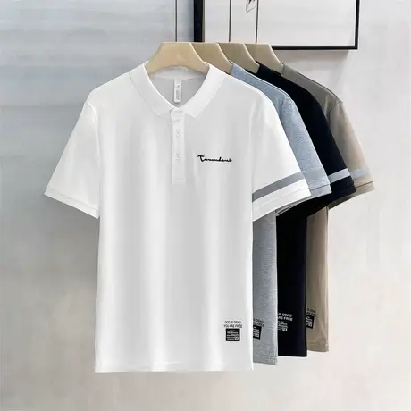 男士肌理感polo衫夏季修身潮牌条纹袖半袖新款冰丝翻领短袖t恤男商品大图