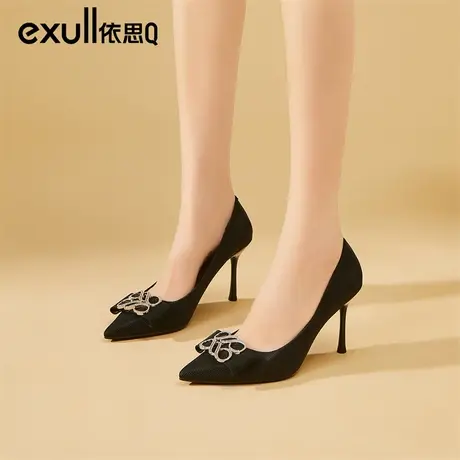 依思q职业装黑色高跟鞋细跟女鞋2024新款春秋通勤浅口尖头女单鞋商品大图