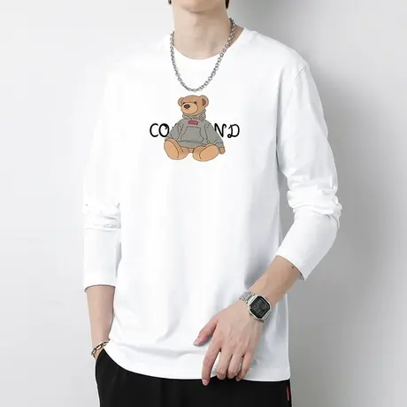 白色t恤男长袖纯棉宽松上衣服全棉内搭打底衫潮牌ins小熊秋季小衫商品大图