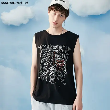 木村三社国潮原创纯棉无袖打底黑色背心男潮ins夏季运动坎肩汗衫图片