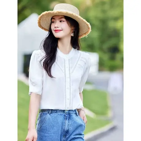 时尚气质短袖衬衫2023年夏季新款淑女温柔甜美显瘦花边领通勤上衣商品大图