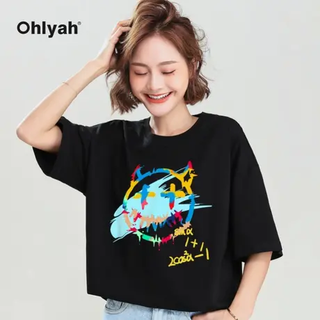 Ohlyah2023年夏季潮牌宽松纯棉网红涂鸦笑脸短袖T恤女学生情侣装商品大图