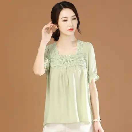 韩潮袭人文艺方领蕾丝拼接喇叭袖衬衣女夏新款短袖衬衫上衣设计感商品大图