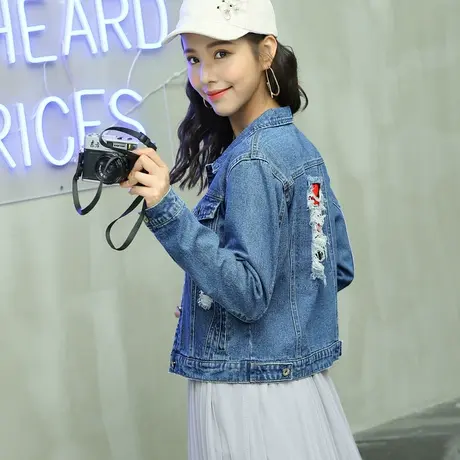 牛仔外套女短款修身韩版潮显瘦学生长袖春秋牛仔服上衣破洞贴布75商品大图