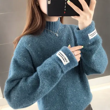 半高领水貂绒毛衣女套头2023秋冬新款宽松慵懒风上衣外穿针织衫潮图片