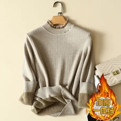 一体绒加绒蕾丝半高领打底衫女秋冬季2022年新款加厚保暖毛衣内搭商品大图