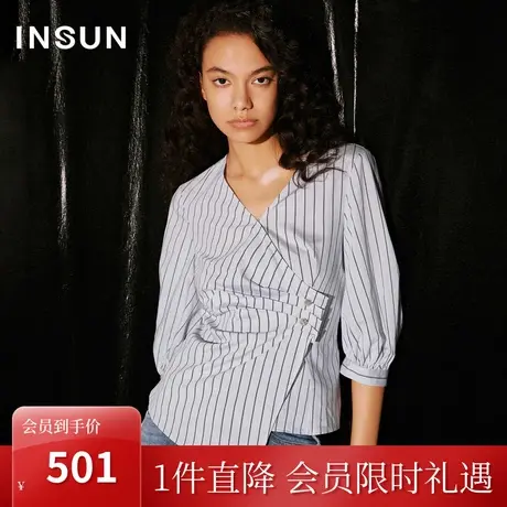 [褶皱艺术]恩裳COVER2023秋装色织条纹衬衫不对称斜门襟收褶上衣商品大图