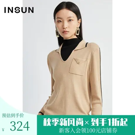 恩裳初春秋撞色假两件通勤美丽诺羊毛混纺针织衫图片