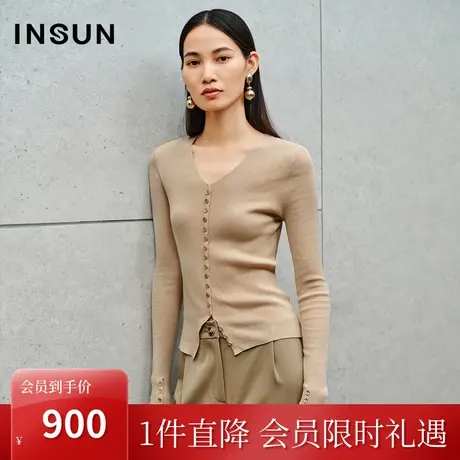 恩裳2023秋季新款柔美定纺米色丝毛混纺V领单排扣长袖针织衫开衫商品大图