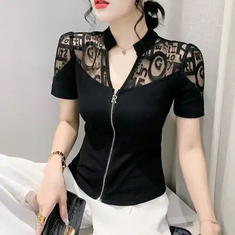 设计感拉链短袖T恤女2023夏装新款性感V领小衫洋气网纱拼接上衣潮商品大图