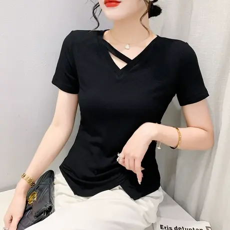 2023夏装新款时尚开叉T恤女短袖洋气纯色百搭上衣性感镂空V领上衣商品大图