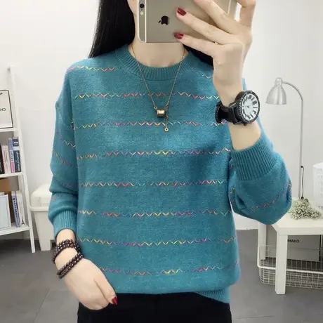 圆领宽松外穿女士毛衣2022秋冬新款彩条套头针织打底衫洋气百搭潮商品大图