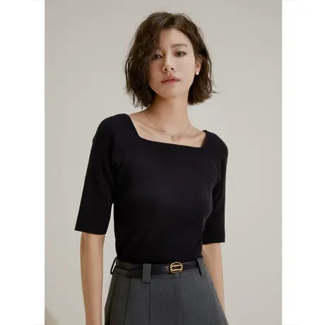 弥古黑色针织衫女2023新款修身短袖法式方领秋上衣气质中袖打底衫图片
