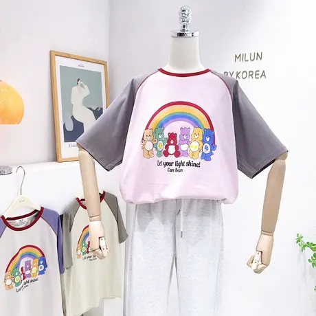 ins彩虹小熊复古插肩袖T恤23夏季新款韩国东大门短袖上衣减龄休闲图片