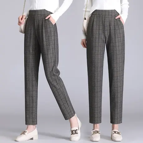 英伦格子裤女秋季小个子高腰哈伦裤宽松显瘦2023新款女士休闲裤子商品大图