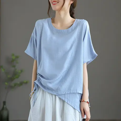 dza 白色纯棉不规则短袖t恤女士2022夏季新薄款上衣宽松短款体恤商品大图