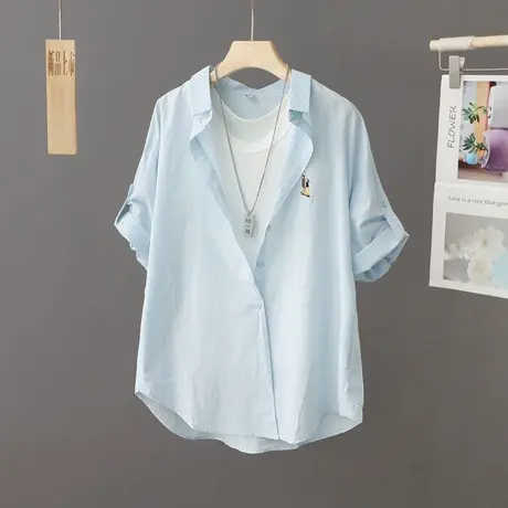 五分袖叠穿休闲衬衣女刺绣纯棉黄色衬衫女薄款夏季中袖小个子上衣商品大图