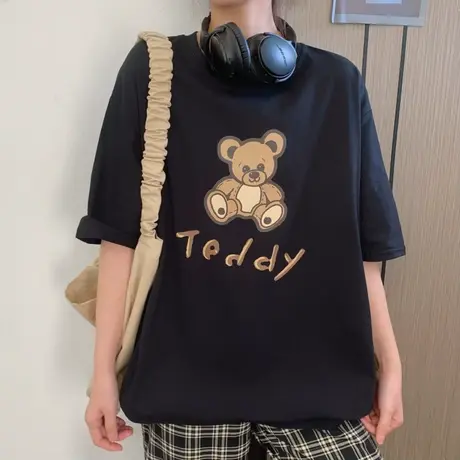 纯棉短袖t恤女夏季大码半袖宽松韩版bf慵懒风ins设计感小众上衣服商品大图