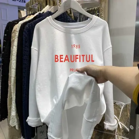 2022春秋季白色t恤女中长款遮臀宽松大码纯棉长袖字母印花上衣女商品大图