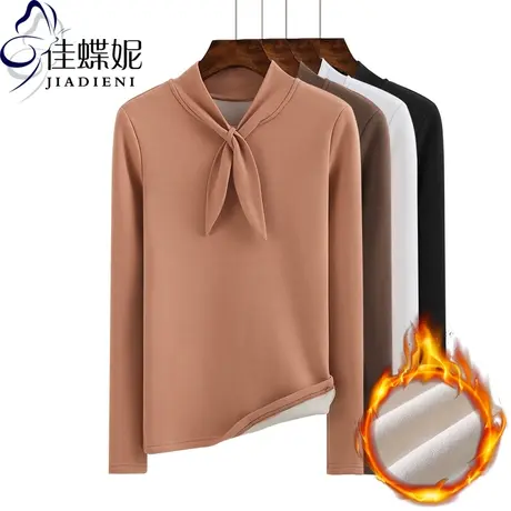 冬打结蝴蝶结领带纯白修身加绒加厚体恤长袖女上衣打底衫纯色T恤商品大图