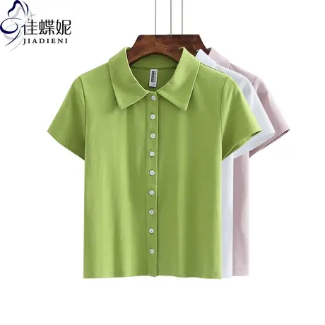 夏季新款开衫纽扣翻领高腰短款衬衫体恤短袖纯棉百搭修身上衣女装商品大图