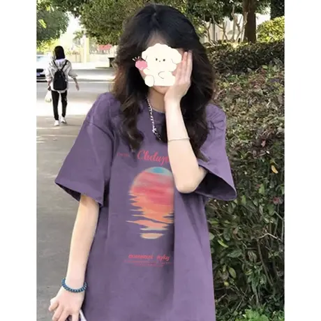 纯棉圆领短袖t恤女夏季oversize美式复古小个子潮牌宽松半袖上衣商品大图