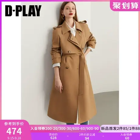DPLAY2023秋装高知通勤经典卡其色条纹拼接双排扣中长款风衣外套商品大图