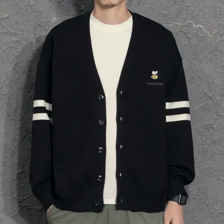 小蜜蜂刺绣开衫男潮牌字母针织衫潮流毛衣薄款休闲百搭宽松外套潮图片