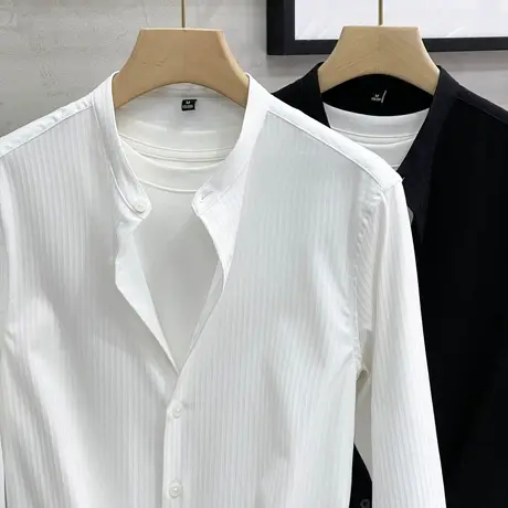 肌理暗条纹立领衬衫春秋男士长袖白色高级感免烫无领文艺圆领衬衣商品大图