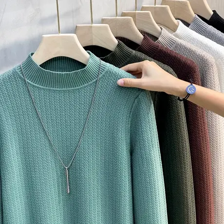 肌理感秋季中领毛衣男2023早秋新款修身男士半高领打底衫长袖T恤商品大图