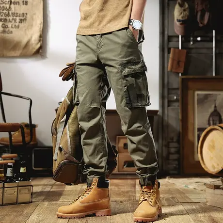 迷彩拼接军绿色工装裤子男士宽松直筒潮牌夏季休闲裤男阔腿束脚裤商品大图