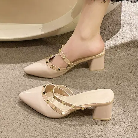 包头半拖鞋外穿2023年春季新款仙女中粗跟尖头凉拖铆钉高跟鞋单鞋商品大图