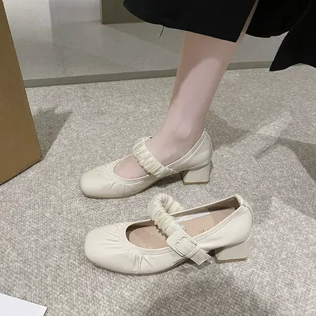 法式高跟鞋女粗跟2023新款春夏季小众设计感气质名媛白色浅口单鞋商品大图