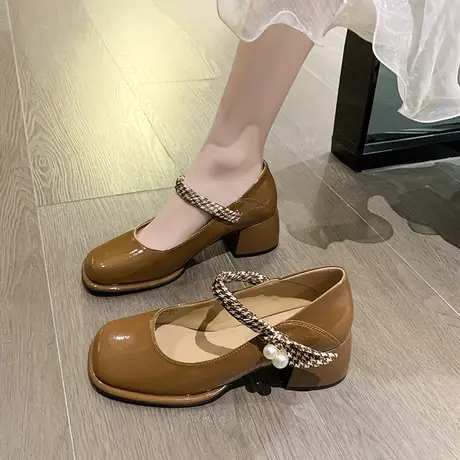 小香风气质粗跟单鞋女2023秋季增高新款浅口配裙子显瘦晚风高跟鞋图片