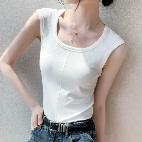 韩版无袖背心女夏季修身显瘦收腰坑条设计感小众纯色薄款u领上衣商品大图