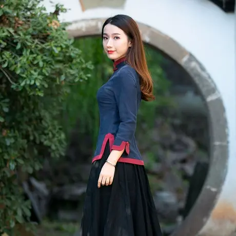 唐装女 中国风民族风上衣长袖少奶奶装气质茶艺师民国风复古女装商品大图