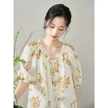 【商场同款】茵曼宽松遮肉短袖衬衫2023夏季女装新款法式碎花上衣图片