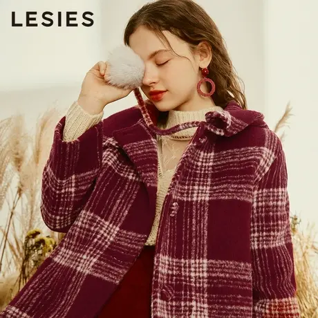 蓝色倾情秋冬季女装 红色复古格子翻领毛球装饰大衣冬季外套女图片