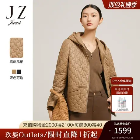 JZ玖姿休闲连帽几何皮衣女装2022冬季新款时尚拉链短款绵羊皮外套图片