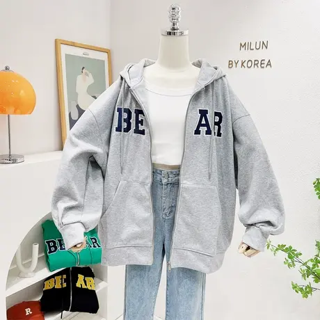 美式复古学院风外套2022秋季百搭字母运动休闲连帽卫衣开衫大码女图片