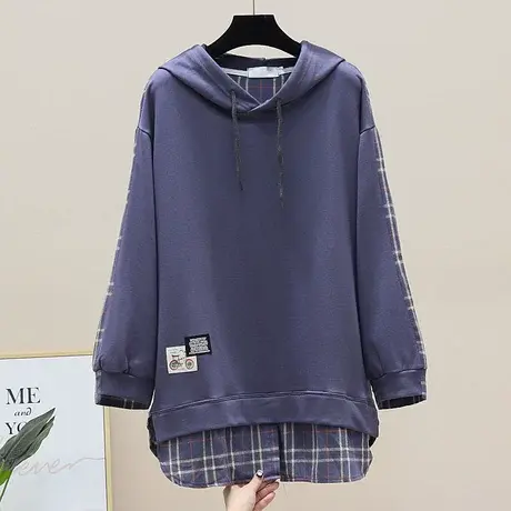 春季新款韩版拼接拼色ins潮格子慵懒风宽松大码棉质连帽卫衣女装图片