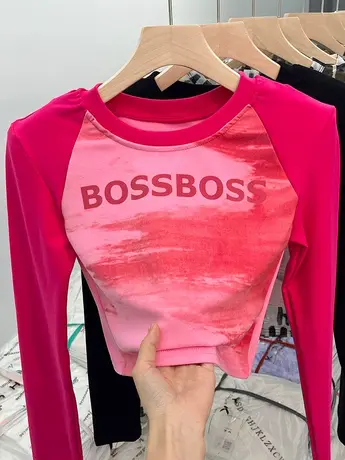 早春秋独特美式chic甜辣妹紧身短款正肩上衣打底衫女内搭长袖t恤商品大图