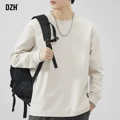 男士圆领长袖t恤男秋季2023年新款美式杏色上衣体恤衫宽松打底衫商品大图