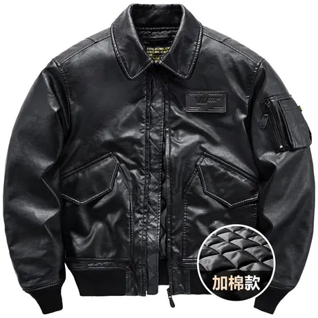 VIP冬季机车皮衣男士棉衣服大码飞行员夹克加厚翻领工装外套潮牌商品大图