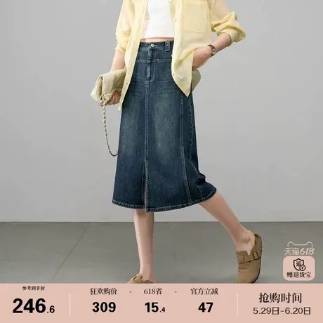 娅丽达复古水洗高腰显瘦开叉直筒牛仔半身裙女2025春装新款中长裙图片