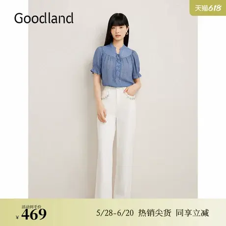 Goodland美地女装夏季优雅雪纺肌理衬衫法式牛仔上衣图片