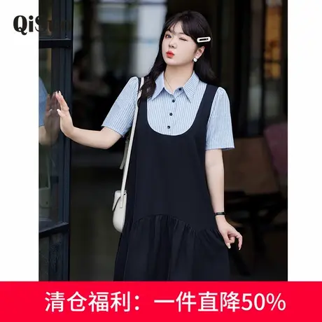 绮娑显瘦大码胖MM连衣裙polo领气质假两件夏装新款宽松遮肉直筒裙图片