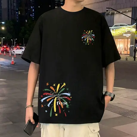 美式潮牌oversize烟花短袖t恤男夏季新款情侣半袖圆领纯棉上衣服商品大图
