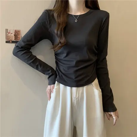 打底衫女内搭春秋韩版修身显瘦褶皱收腰小个子短款长袖T恤潮上衣商品大图