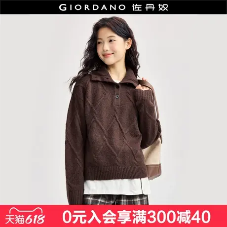 佐丹奴老钱风针织衫女新款复古菱形格绞花翻领针织毛衣女18354516商品大图